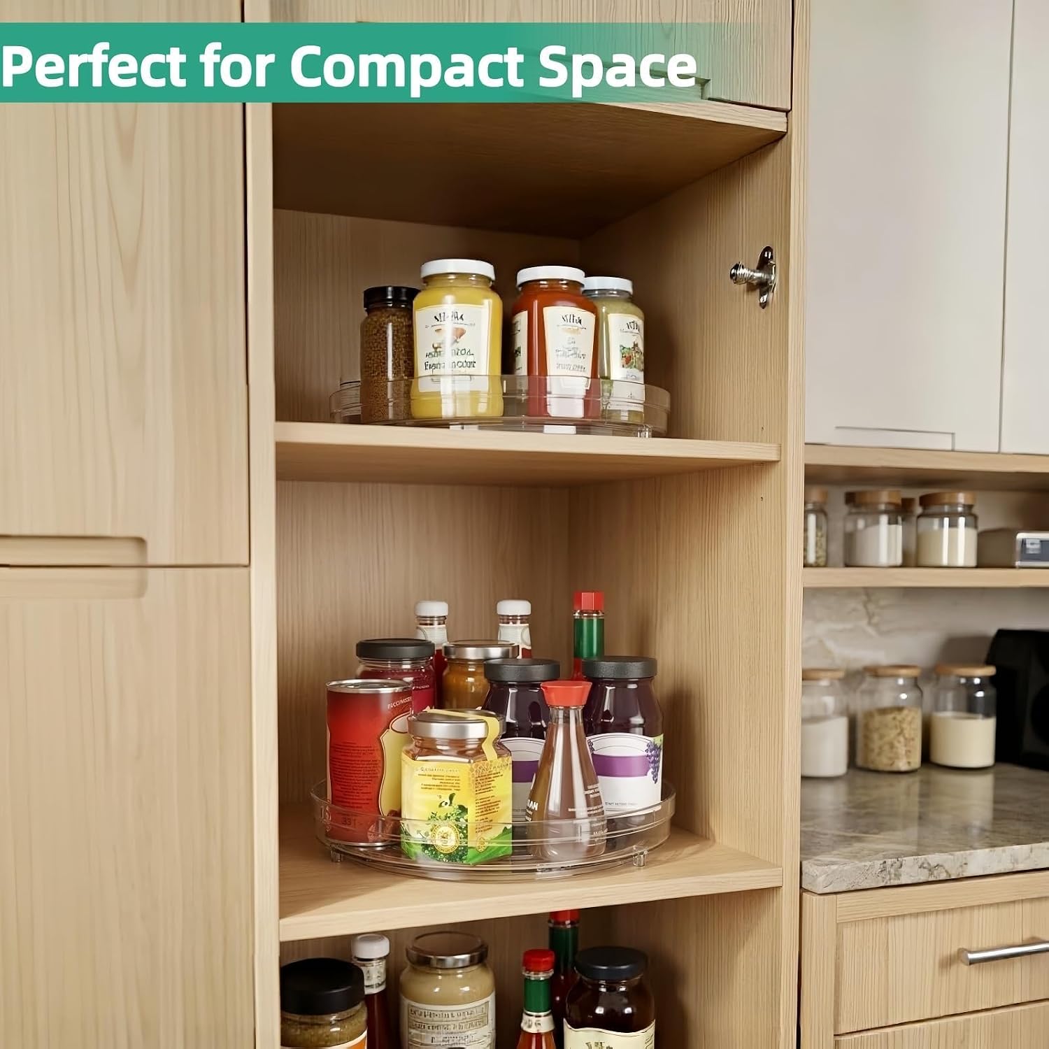Optish 2 Pack 9.5" Lazy Susan Organizer, Lazy Susan Turntable for Cabinet, Spice Organization for Cabinet, Refrigerator, Pantry, Closet, Countertop, Non-Skid Turntable Organizer, Clear