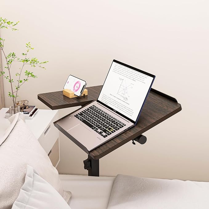 Mobile Laptop Stand for Couch Overbed Table with Wheels Adjustable Height Tilting Sofa Laptop Bed Table Rolling Cart Medical Overbed Table (Brown)
