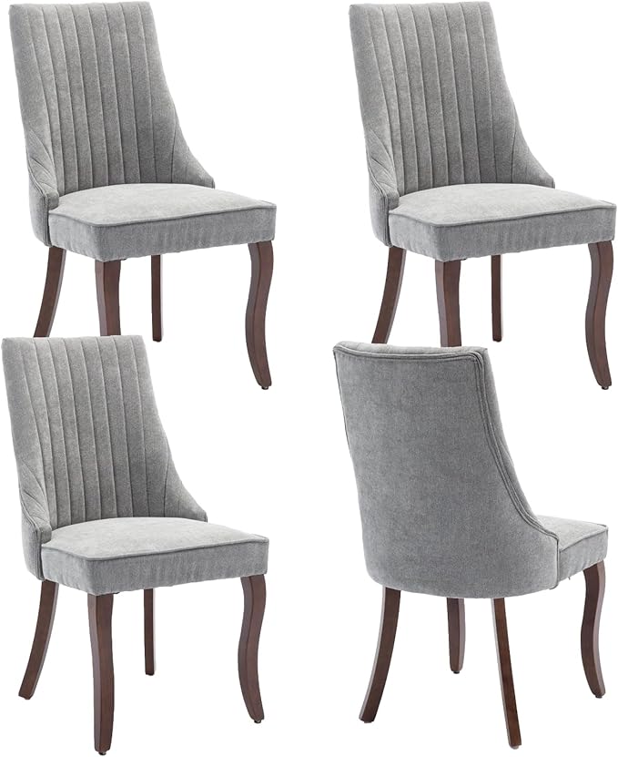 Dining Chairs Set of 4,Comfy Fabric Upholstered Accent Chairs for Kitchen Living Room,Channel Tufted Dining Room Chairs with Curved Solid Wood Legs(Gray)
