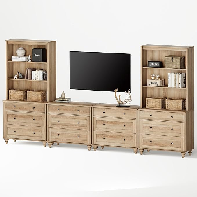 WAMPAT Entertainment Center with Bookshelves for TVs up to 75", Farmhouse Wall Unit TV Stand with Drawers, Media Console Table for Living Room, Bedroom & Home Theater, Oak