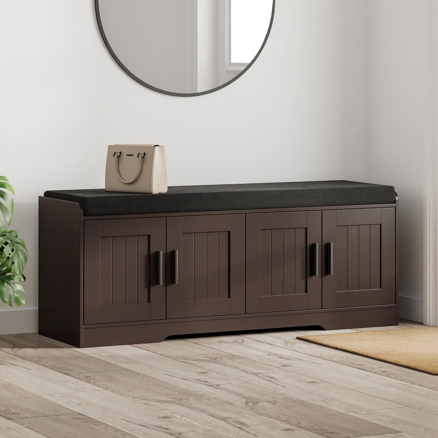 Homleke Shoe Storage Bench, 4 Doors & Thickened Padded Seat Cushion | 2-Tier Shoe Bench, Entryway Bench, Adjustable Shelf, 13.8" D x 45.3" W x 18.5" H, for Living Room, Bedroom, Brown