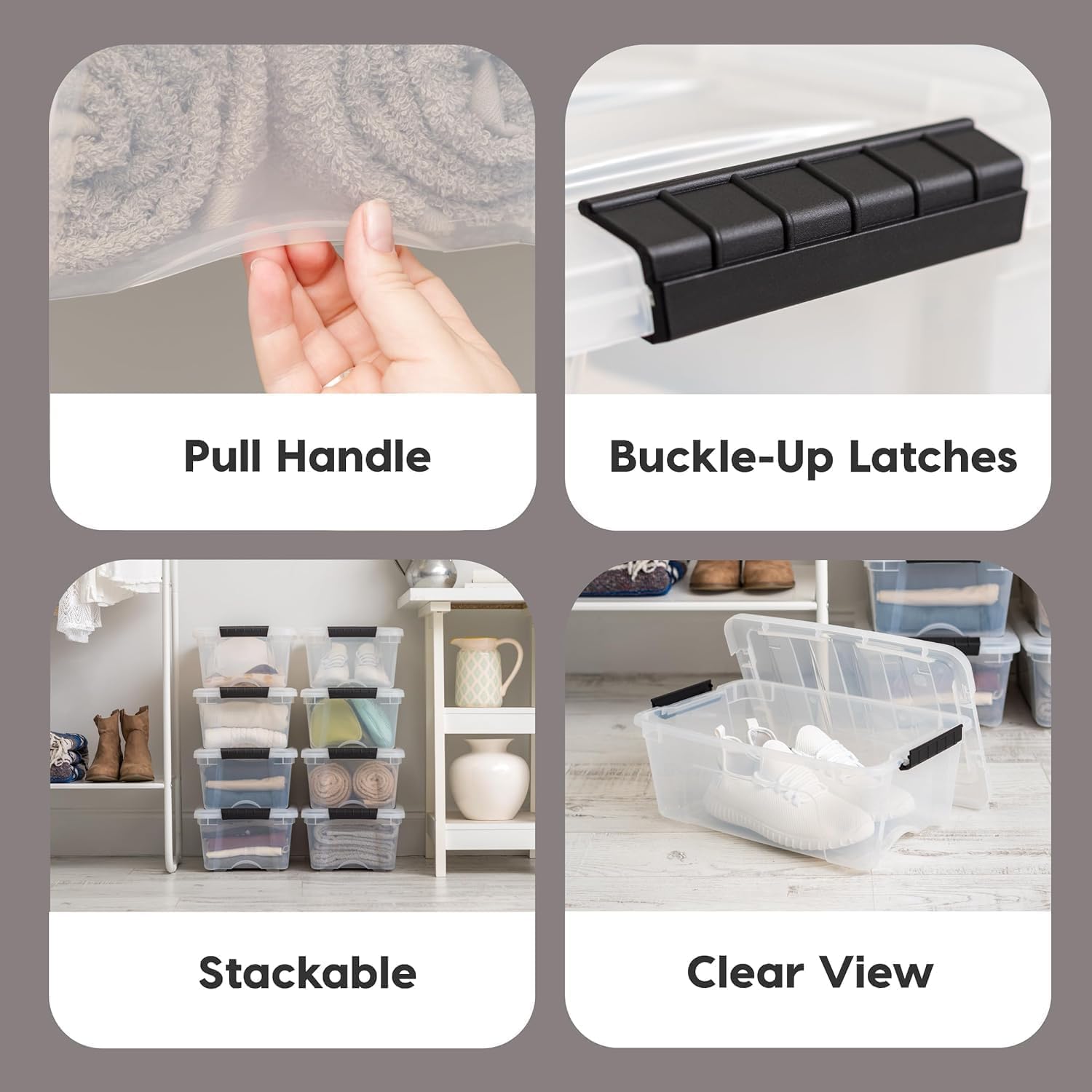IRIS USA 4-Pack Storage Bins with Lids, 13 Quart, Made in USA Stackable See-Through Organizing Solution Latches Durable Nestable Containers Secure Pull Handle, BPA-Free Plastic