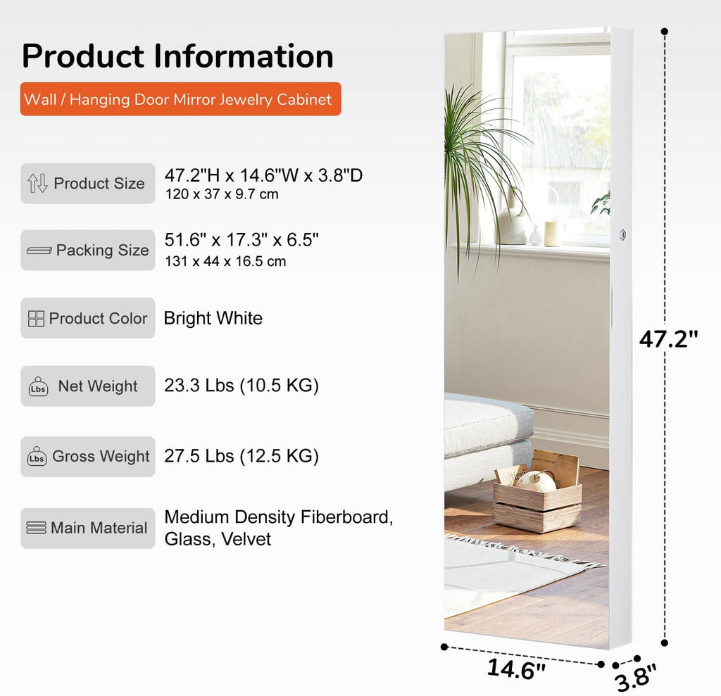 GISSAR Full Length Mirror Jewelry Cabinet, 6 LEDs Jewelry Armoire Wall Mounted Over The Door Hanging, Jewelry Organizer Storage with Lights Lockable, White Surface with Beige Lining, 14.6" x 47.2"