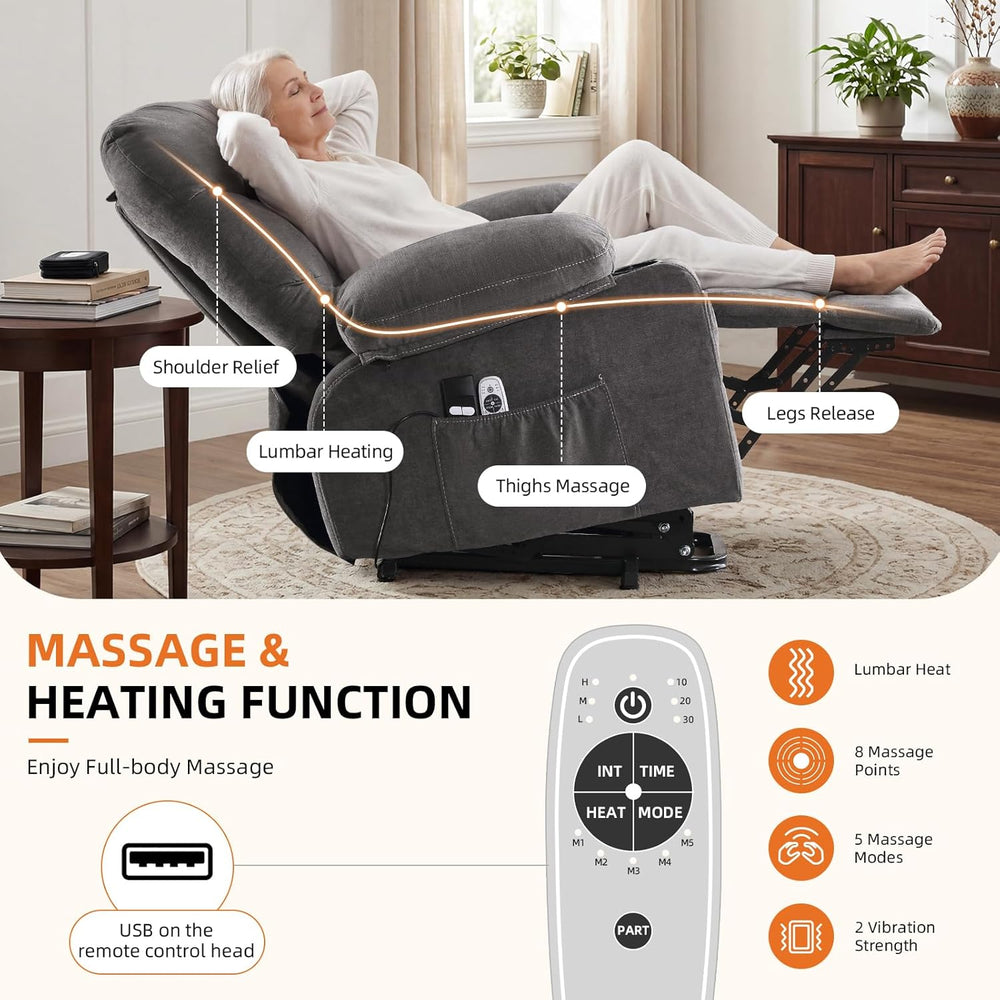 Power Lift Recliner Chair for Elderly,8-Point Vibration Massage & Heat,El...