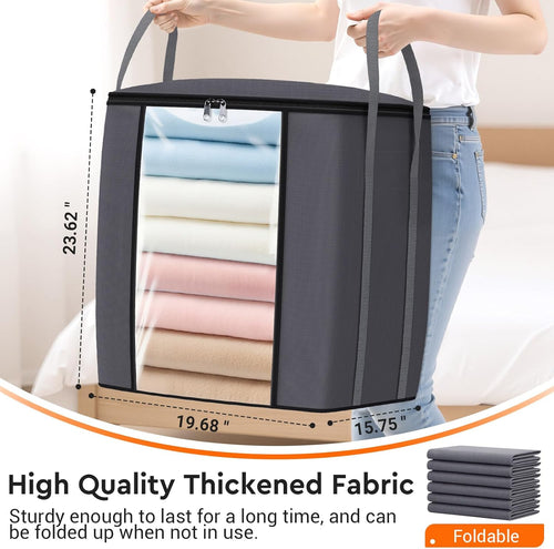 120L Extra Large Clothes Storage Bags, Foldable Blanket Storage and Organization, Thick Fabric Containers with Reinforced Handles & Zippers for Clothing, Comforters, Bedding, Gray, 4 Pack