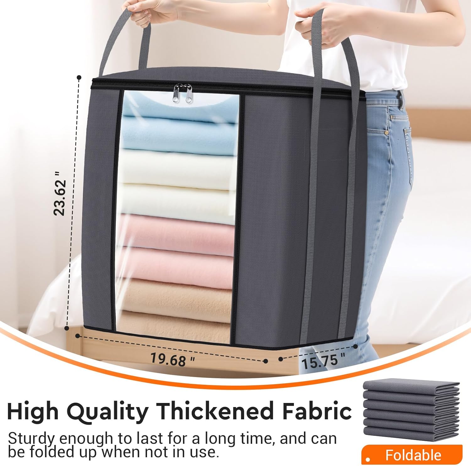120L Extra Large Clothes Storage Bags, Foldable Blanket Storage and Organization, Thick Fabric Containers with Reinforced Handles & Zippers for Clothing, Comforters, Bedding, Gray, 2 Pack