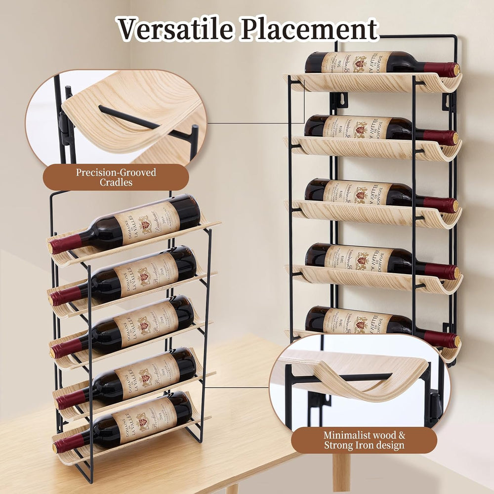 5-Tier Wood and Metal Wine Rack, Countertop & Wall Mounted Wine Holder wi...