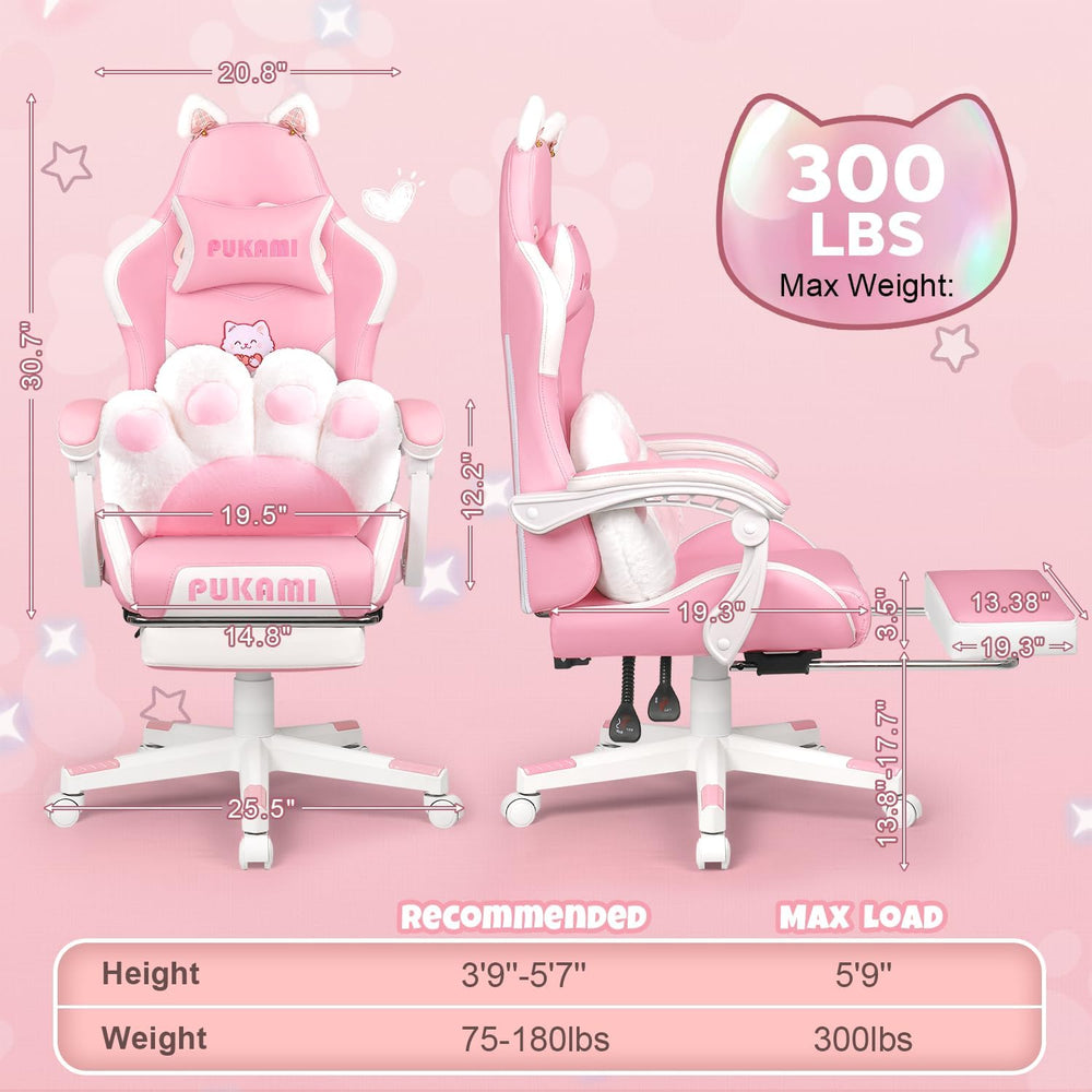 Pink Gaming Chair with Cat Ears & Footrest, Ergonomic Gaming Computer Des...