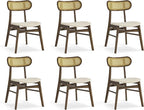 Wooden Dining Chairs Set of 6, Upholstered Modern Dining Room Chairs, Mid Century Oak Wood Kitchen Chairs with Rattan Backrest for Farmhouse, Kitchen, Restaurant (Cream Fabric & Walnut Color)