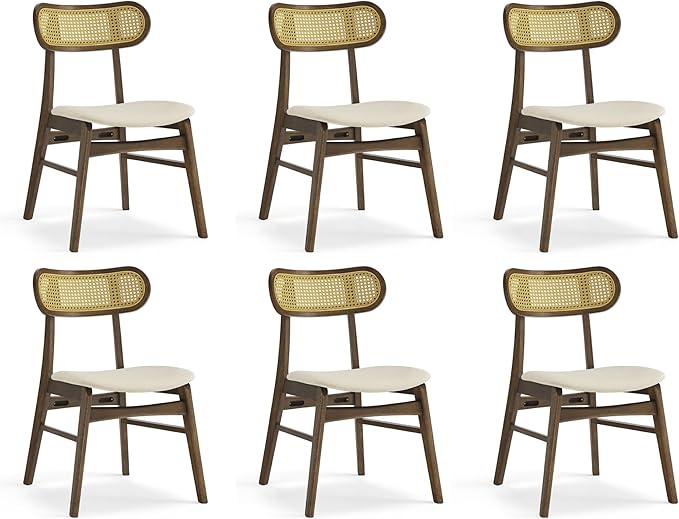 Wooden Dining Chairs Set of 6, Upholstered Modern Dining Room Chairs, Mid Century Oak Wood Kitchen Chairs with Rattan Backrest for Farmhouse, Kitchen, Restaurant (Cream Fabric & Walnut Color)