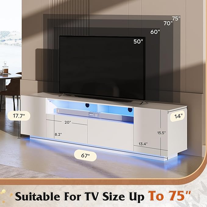 WLIVE LED TV Stand with Large Storage Cabinet, Modern Entertainment Center for 55/60/65/70/75 Inch TVs, Sturdy TV Console for Living Room, Bedroom,Rec Room(White)