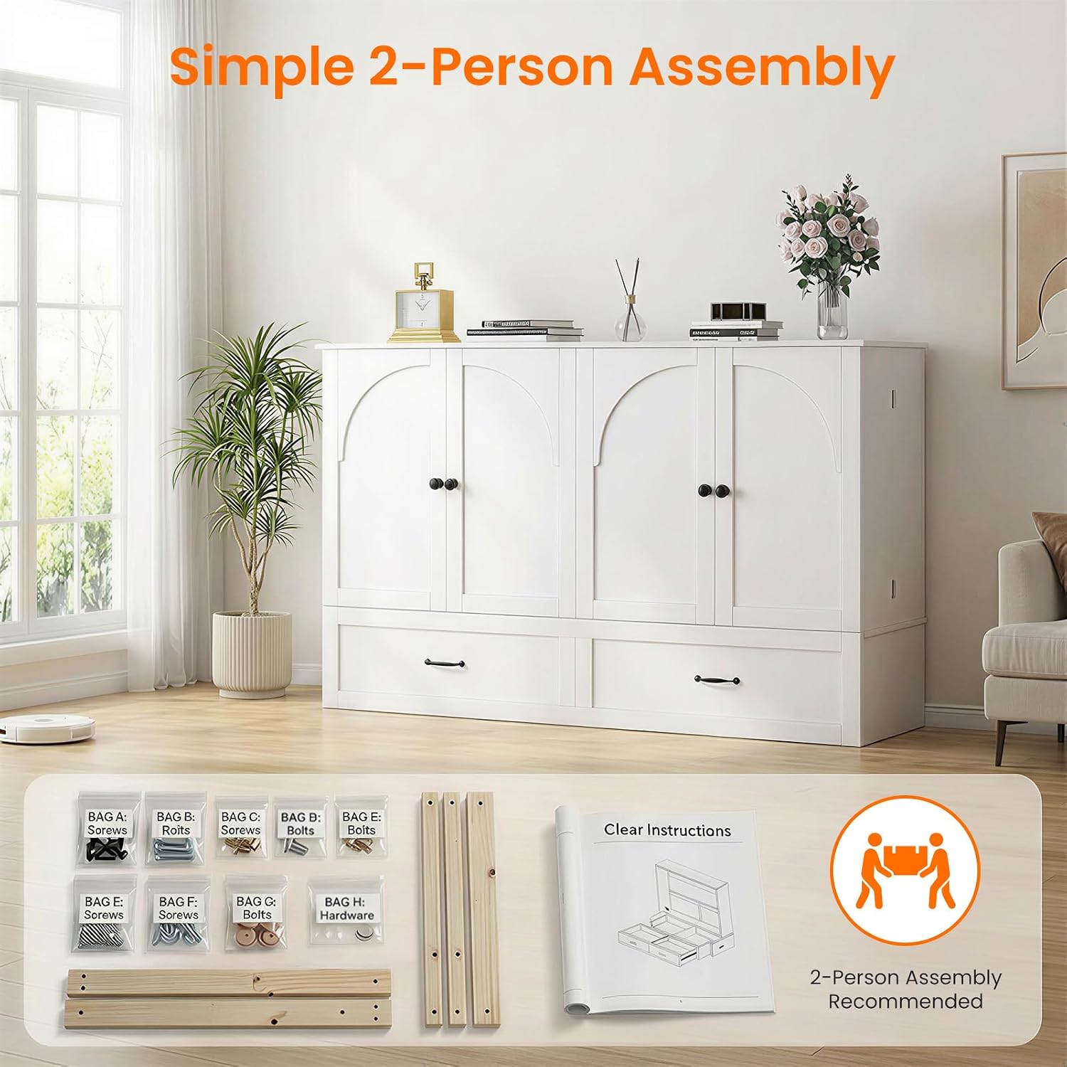 CECER Queen Size Murphy Bed with Storage & Charging Station,Multi-Functional Murphy Cabinet Bed with Mattress Included for Bedroom/Guest Room/Small Space,Easy Assembly -White | Murphy Bed Queen with 2 Storage Drawers,Cabinet Bed with Built-in Multi-Port