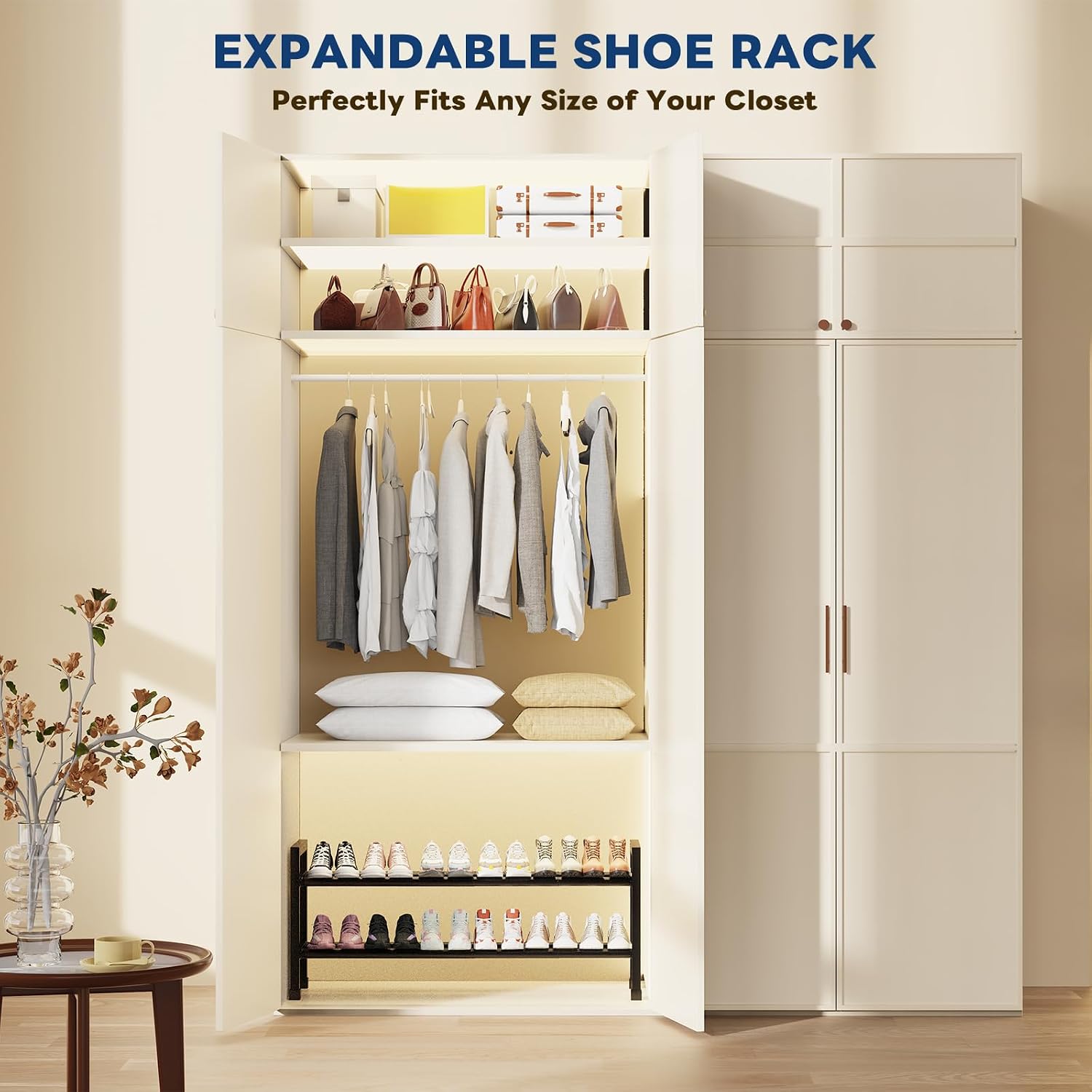 Mavivegue Expandable Shoe Rack, 2-Tier 19"-43.3" Adjustable Shoe Rack for Closet,Hall Entryway,Front Door,Garage, Sturdy Steel Space-Saving Rack, Black