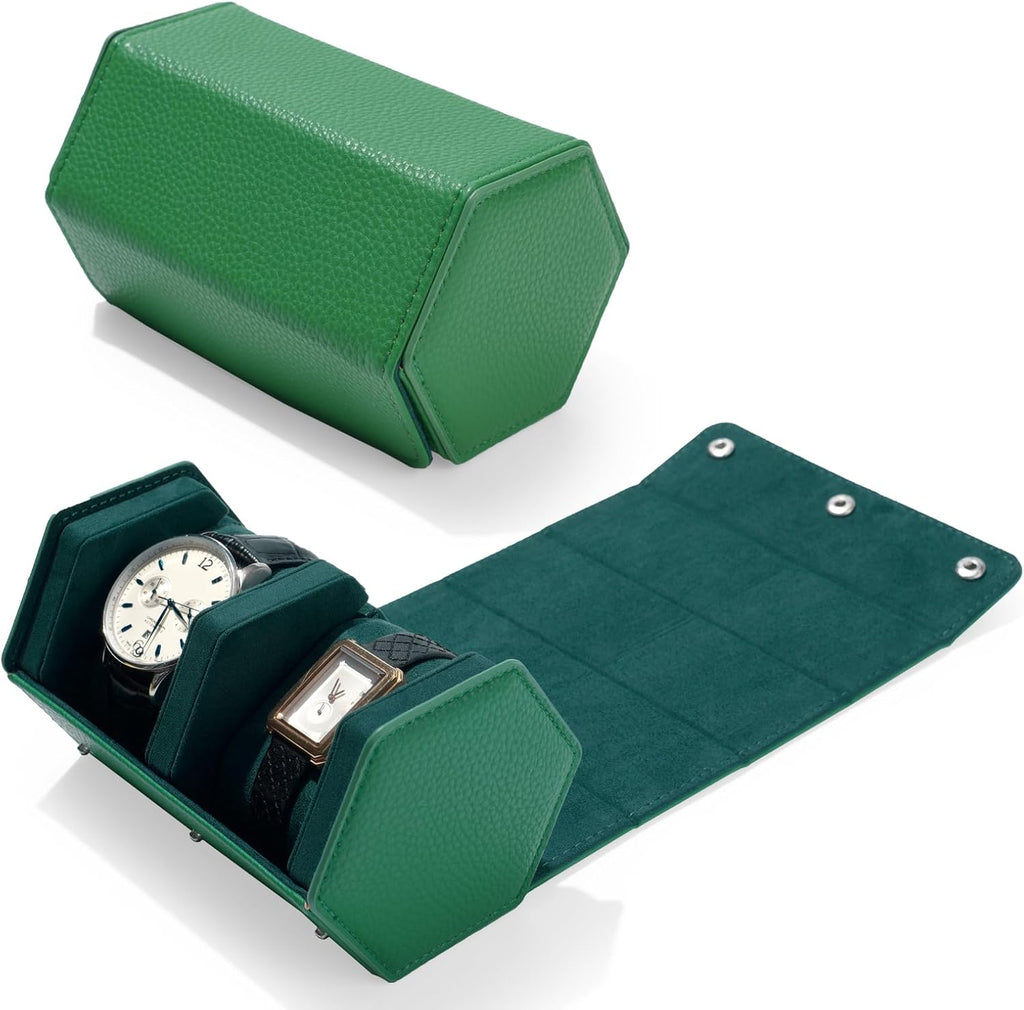 Oirlv Luxury Hexagonal Leather Watch Travel Case Watch Organizer Case for Men Portable Jewelry Storage Roll Organizer(2-Slot,Green)