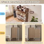 Fluted Shoe Cabinet Storage for Entryway – Narrow Shoe Rack with 2 Flip Drawers & 2 Storage Drawers, Freestanding Hidden Shoe Organizer for Foyer, Hallway (Walnut)