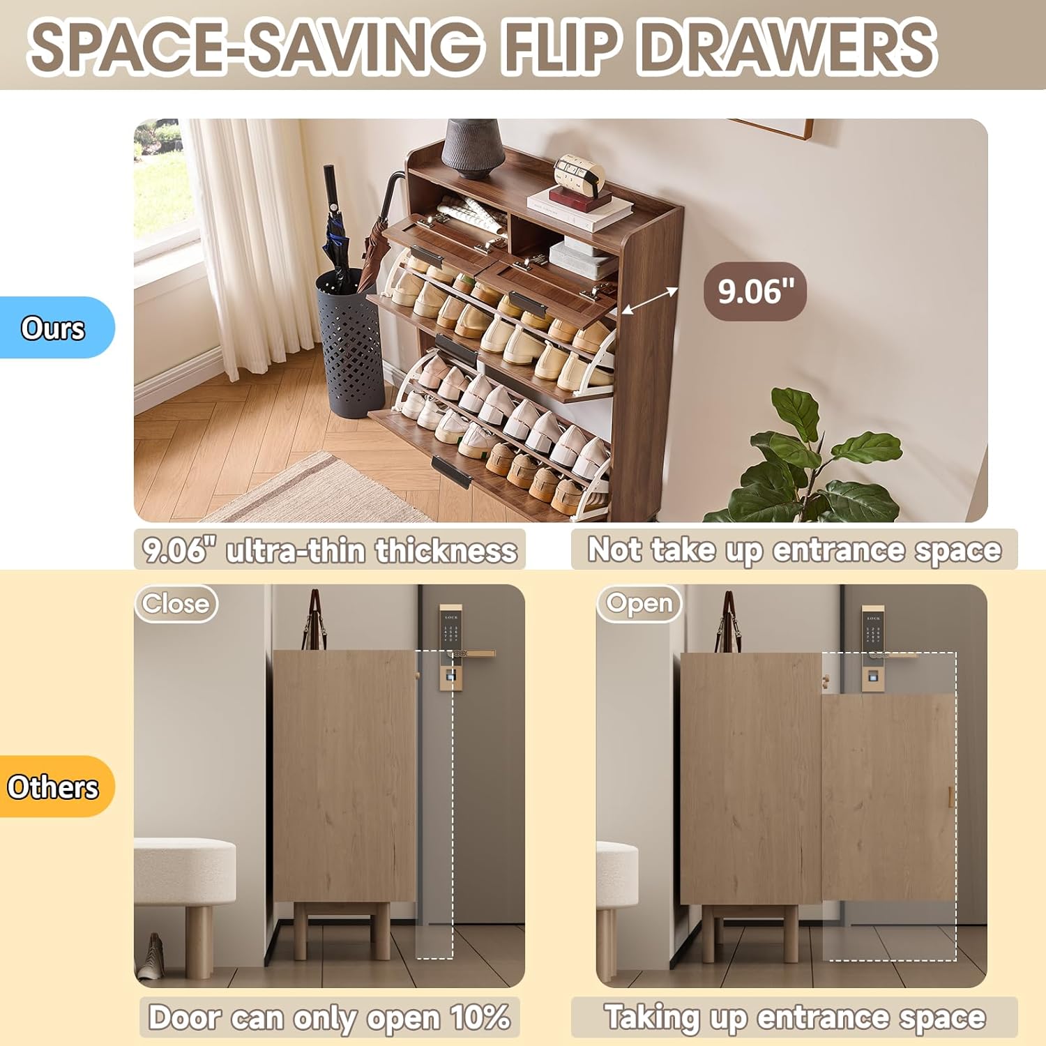 Fluted Shoe Cabinet Storage for Entryway – Narrow Shoe Rack with 2 Flip Drawers & 2 Storage Drawers, Freestanding Hidden Shoe Organizer for Foyer, Hallway (Walnut)