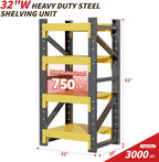32" W Garage Shelving,4-Tier Heavy Duty Storage Shelves Unit with Adjustable Metal Shelf for Warehouse,Basement,Workshop,3000LBS,32" W x 20" D x 63" H,Black&Yellow