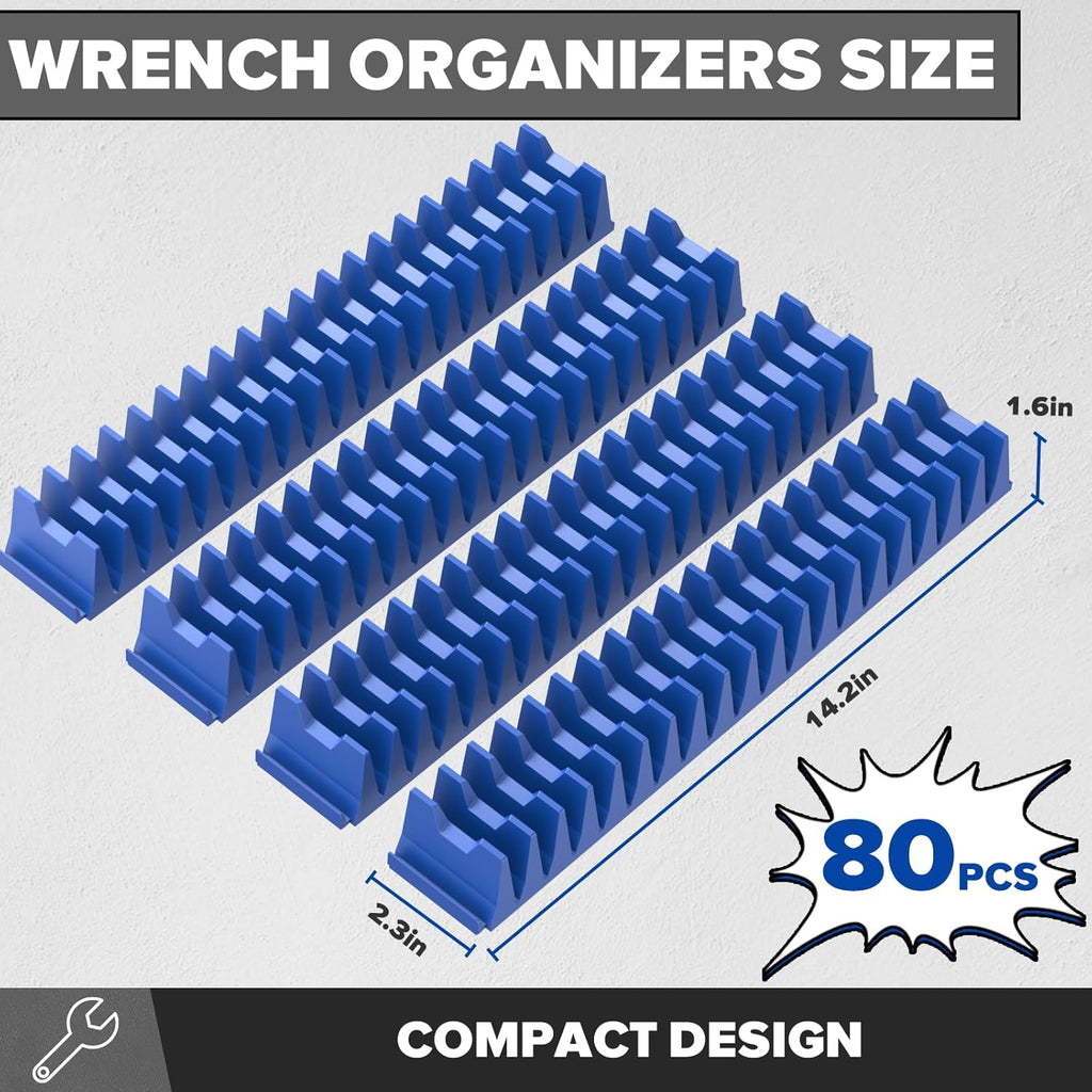 80PCS Modular Wrench Organizer Wrench Holder - Wrench Tool Organizers for Tool Drawer Storage, Wrench Storage Set with Metric & SAE Label, Wrench Rack Tool Gift for Professional Mechanics Men, Blue