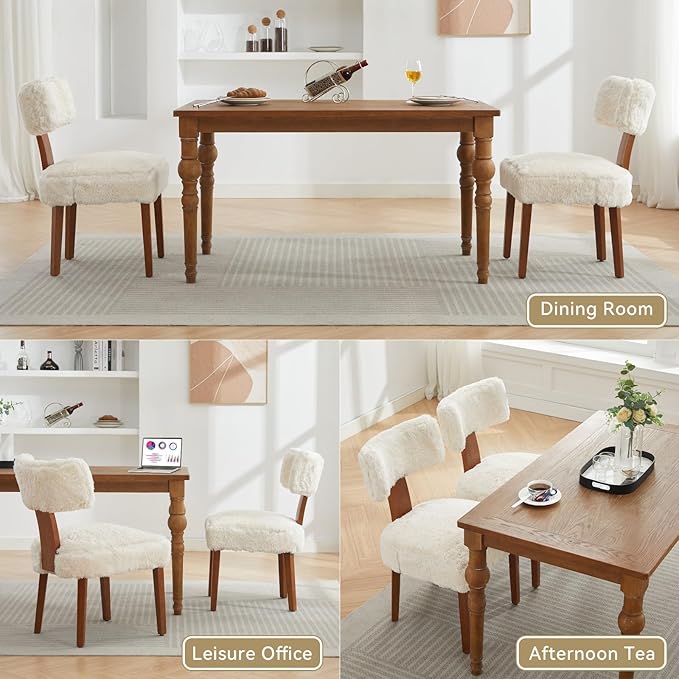 Dining ChairModern Faux Fur Upholstered Dining Chairs Set of 6, Cream White Accent Side Chairs with Solid Wood Legs, Ergonomic Kitchen Chairs for Dining Room (Plush, Set of 6)