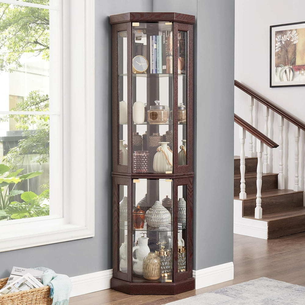69" H Lighted Corner Curio Cabinet, 5-Tier Curio Glass Display Cabinet w...