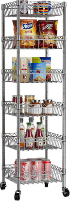 6 Shelves Storage Shelf Wire Closet Bathroom Organizers Metal Pantry Kitchen Garage Shelving Unit Laundry Room Organization Home Rack Net Basket Silver with Wheels 14" Dx14 Wx64.8 H