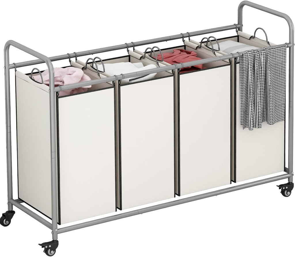 Laundry Sorter 4 Section Hamper Sorter with Heavy Duty Lockable Rolling Wheels Removable Bags Basket Separator for Dirty Clothes Storage, Beige