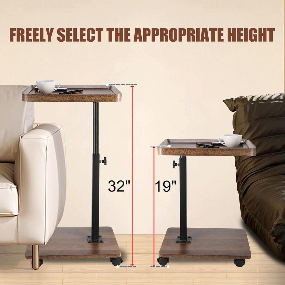 C Shaped End Table for Couch, Adjustable Height C Shaped Side Table with Whee...