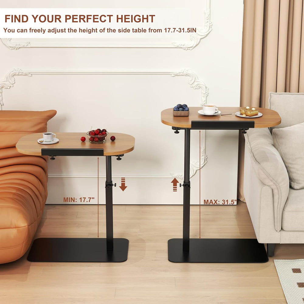 Solid Wood C Shaped Side Table for Sofa/Bed, Adjustable Height C Shaped End T...