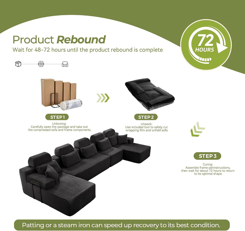 171" U-Shaped Cloud Modular Sectional Sofa with Chaise & Headrest, Boneless Deep Seat Plush Corduroy Couches for Large Living Room, No Assembly Required (Black, 171" U-shapred Chaise)