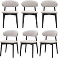 Farmhouse Dining Chairs Set of 6, Mid Century Modern Wooden Dining Room Chairs, Farmhouse Fabric Upholstered Kitchen Dinner Chairs for Living Room Restaurant Cafe, Black/Flax Gray