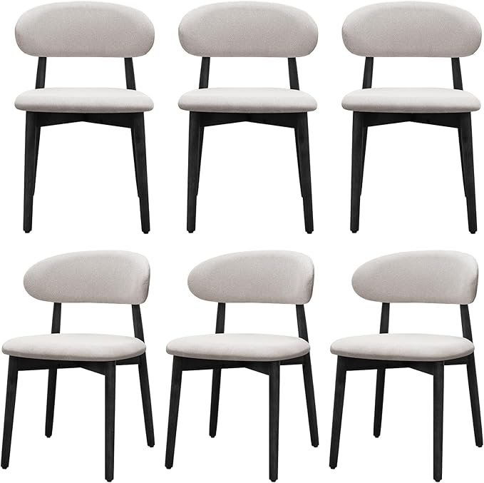 Farmhouse Dining Chairs Set of 6, Mid Century Modern Wooden Dining Room Chairs, Farmhouse Fabric Upholstered Kitchen Dinner Chairs for Living Room Restaurant Cafe, Black/Flax Gray