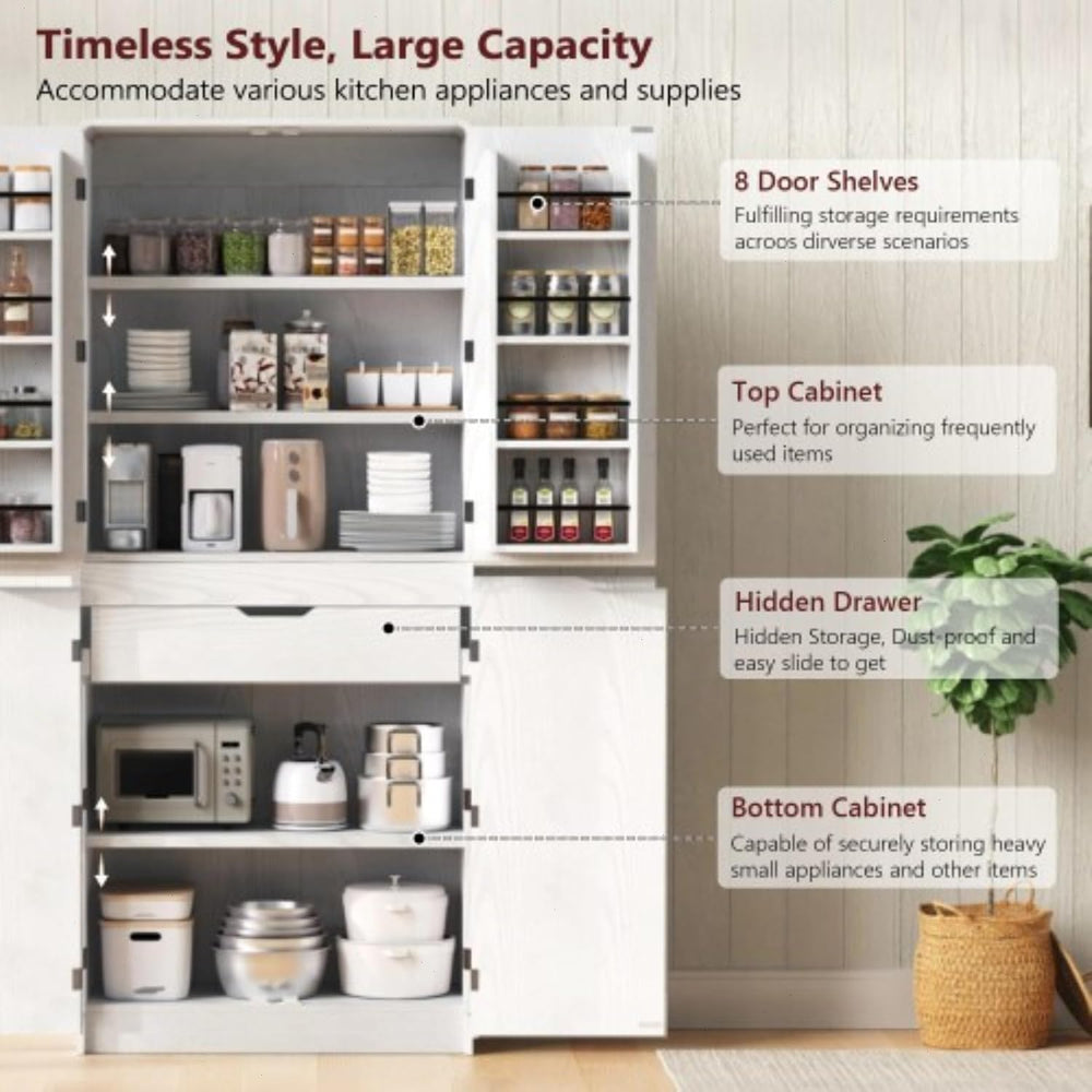 72" Kitchen Pantry Storage Cabinet with Doors and Shelves, Wood Farmhous...