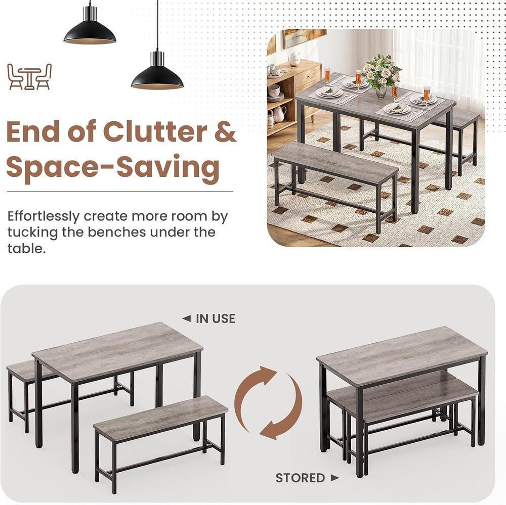 Dining Table Set for 4, Kitchen Table with 2 Benchs, Grey | Modern Functional...