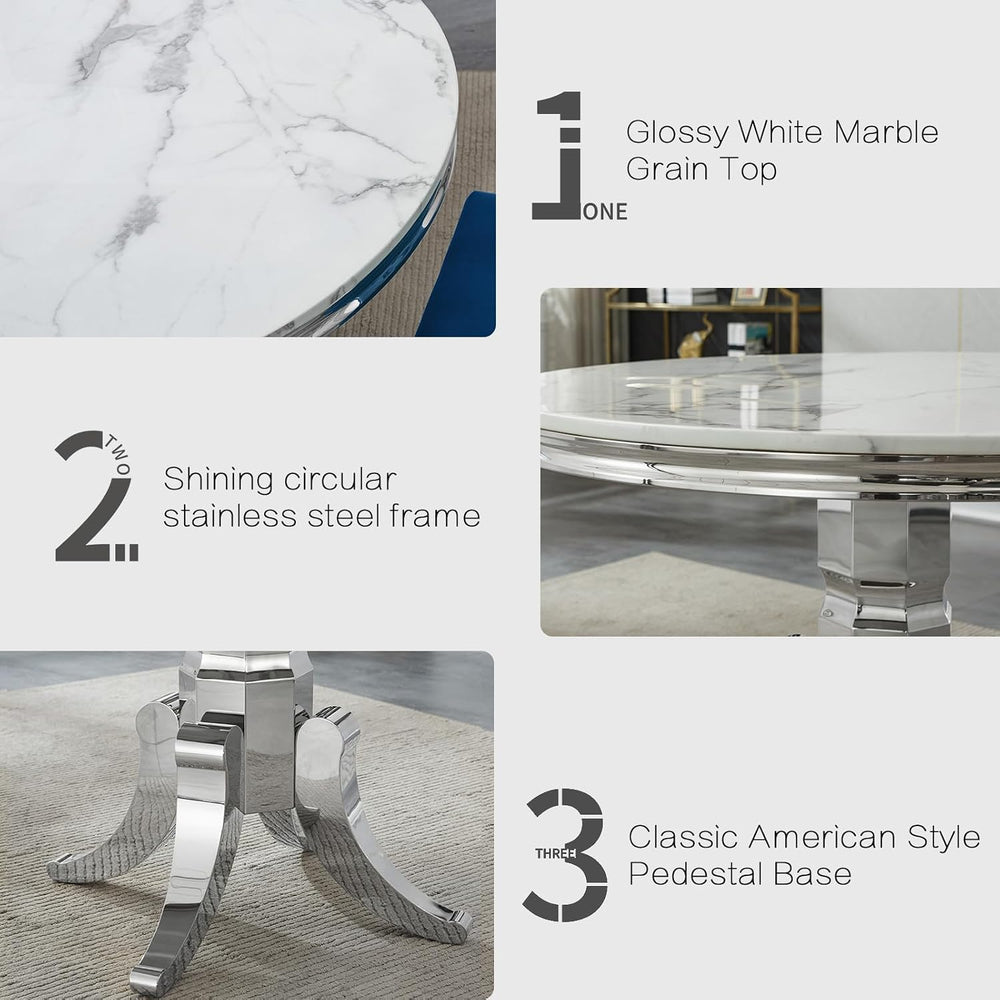 5-Piece White Marble Round Dining Table Set for 4, Modern Faux Marble Kitchen...