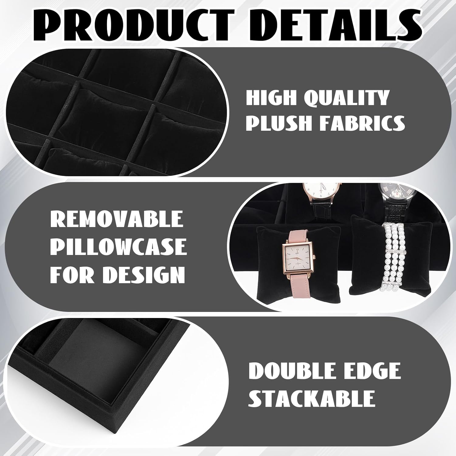 2 Pieces Velvet Watch Tray, 12 Grid Jewelry Organizer, Stackable Watch Bracelet Bangle Display Holder, Stackable Jewelry Tray, Adjustable Pillow, Stylish and Organized Multifunctional Tray(Black)