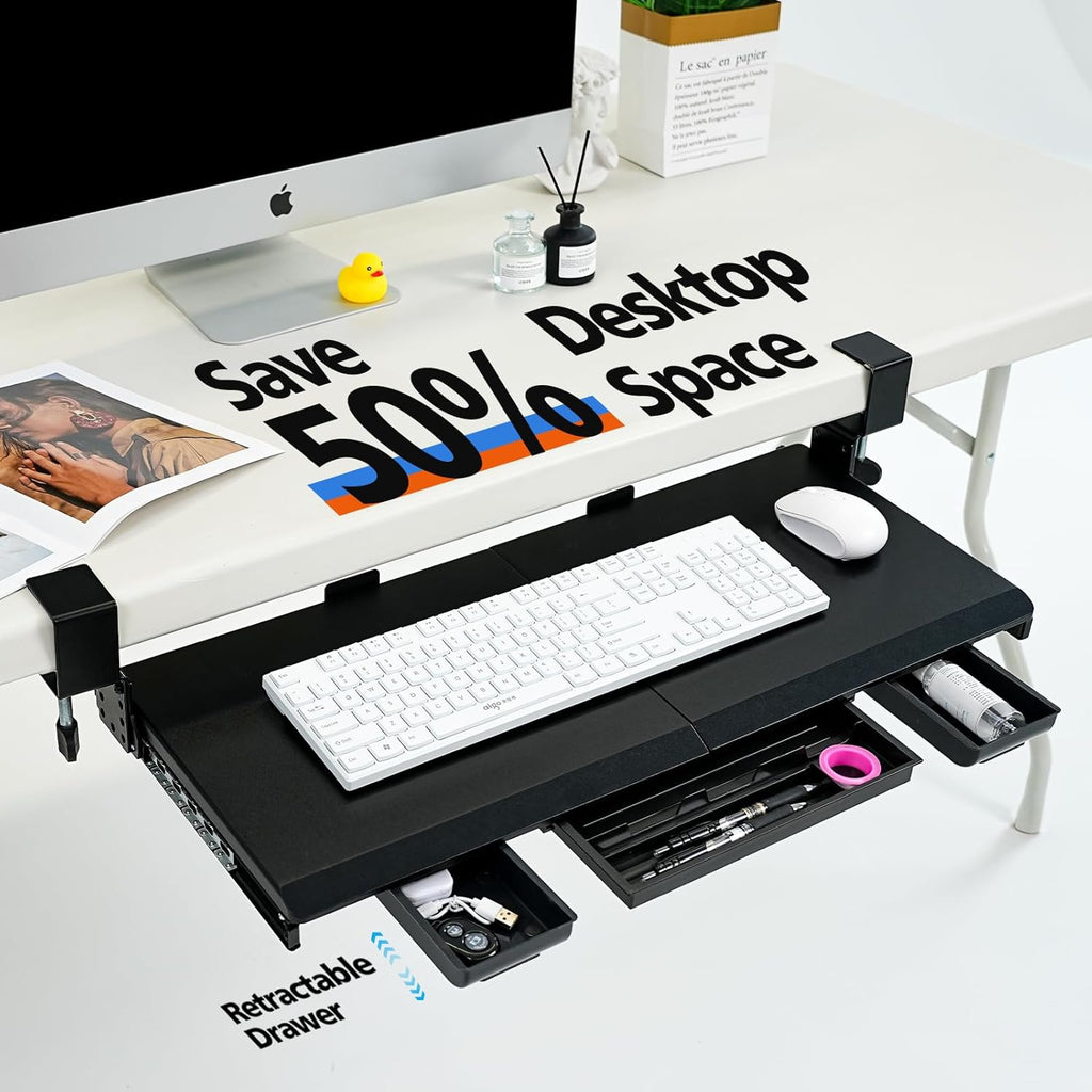Large Height Adjustable Keyboard Tray with Sturdy C-Clamp Mount and Storage Drawer, 27"(31" Including Clamps) x 12" Slide Out Ergonomic Keyboard Trays for Home and Office, Black