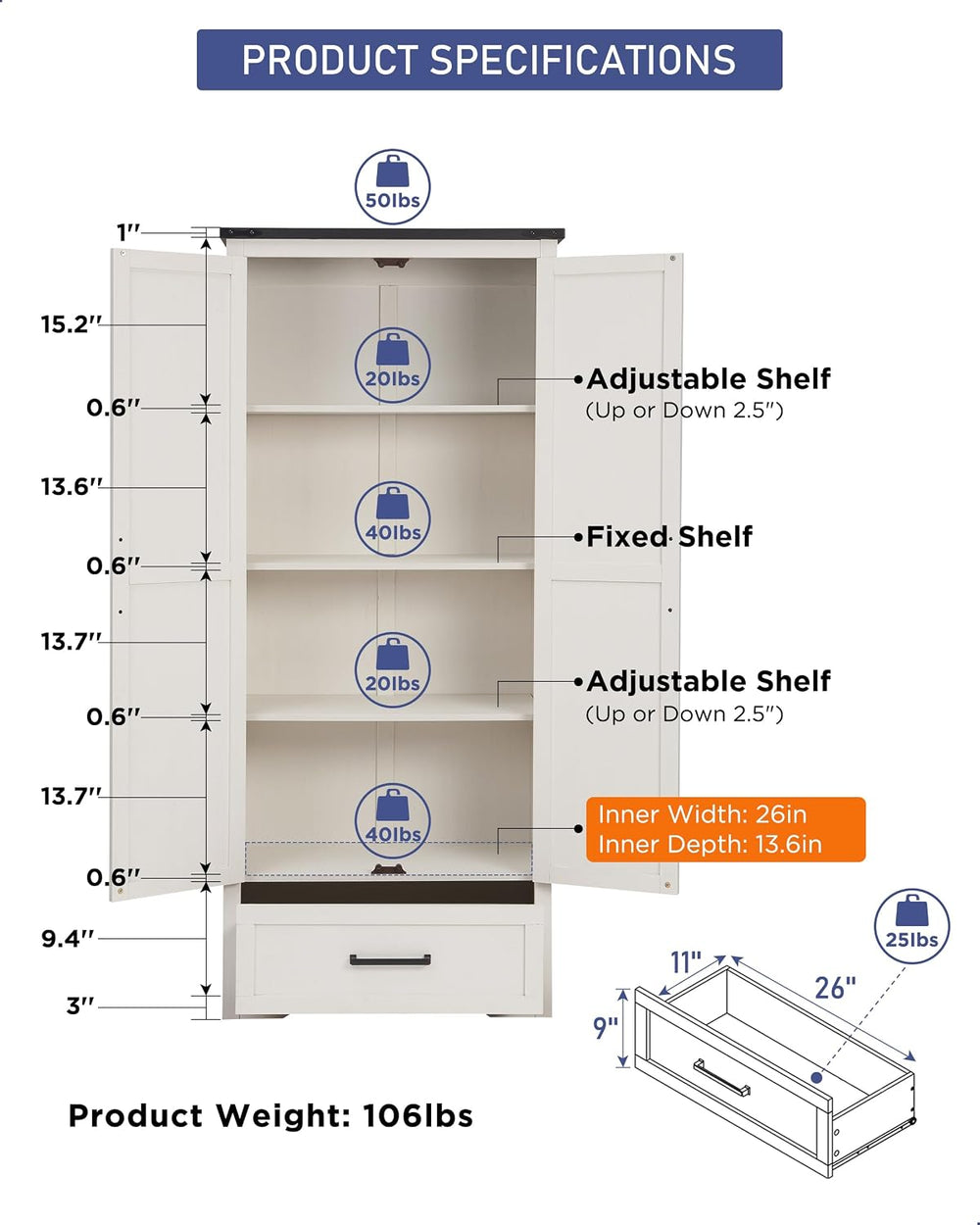 JXQTLINGMU Farmhouse Kitchen Pantry Cabinet - 72" Tall Wood Kitchen Stor...