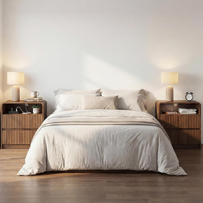 Seang Nightstand Set of 2,Fluted Nightstand with Charging Station & LED Light,Wooden Bedside Table with Curved Profile Design,2 Drawers Storage,Large End Table for Bedroom,Walnut