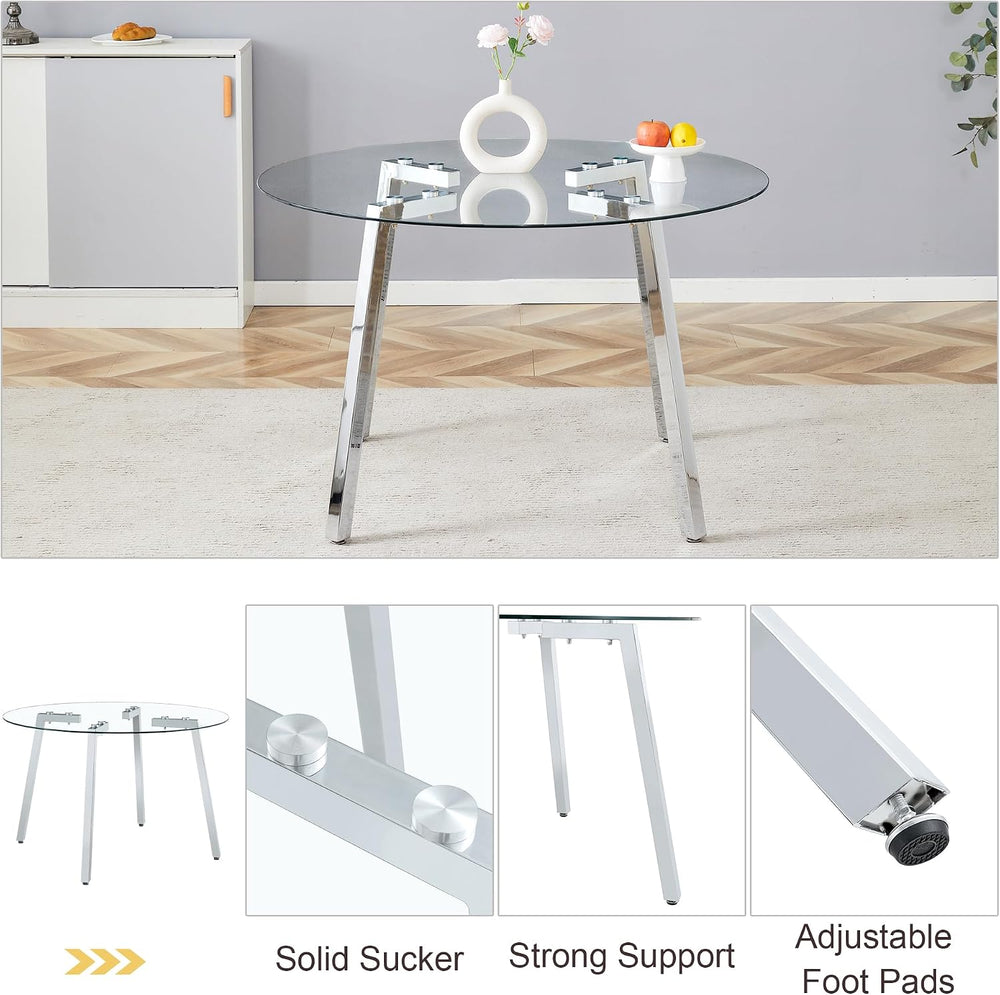 Clear Round Glass Top Dining Set for 4, 42'' Modern Luxury Circle Din...