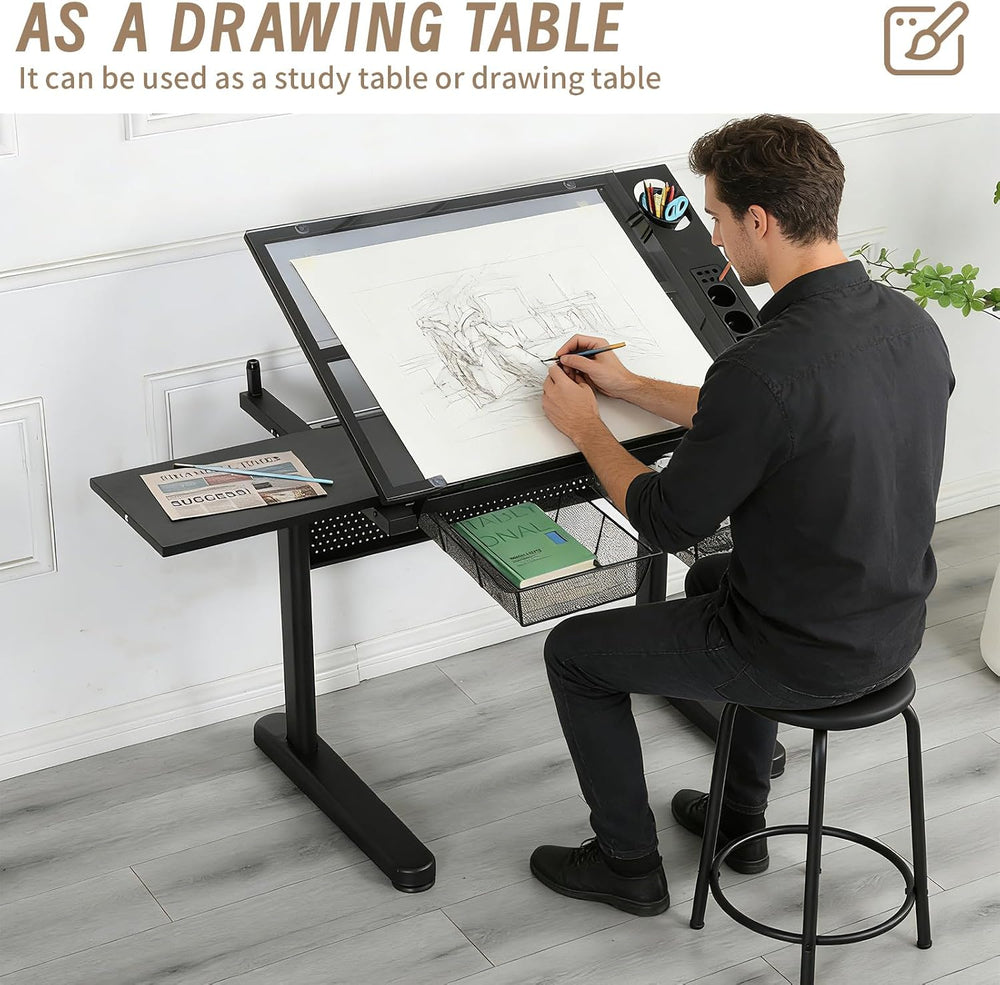 Adjustable Drafting Table with Hand-Crank Lift, 0-75° Tilting Tempered Glass ...
