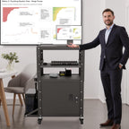 Mobile AV Cart with Side Shelves, Rolling Computer Cart Height Adjustable Rolling Media Utility Cart with Pullout Keyboard Tray Extra Storage Space, 4 Outlets, Perfect for Home or Office Use
