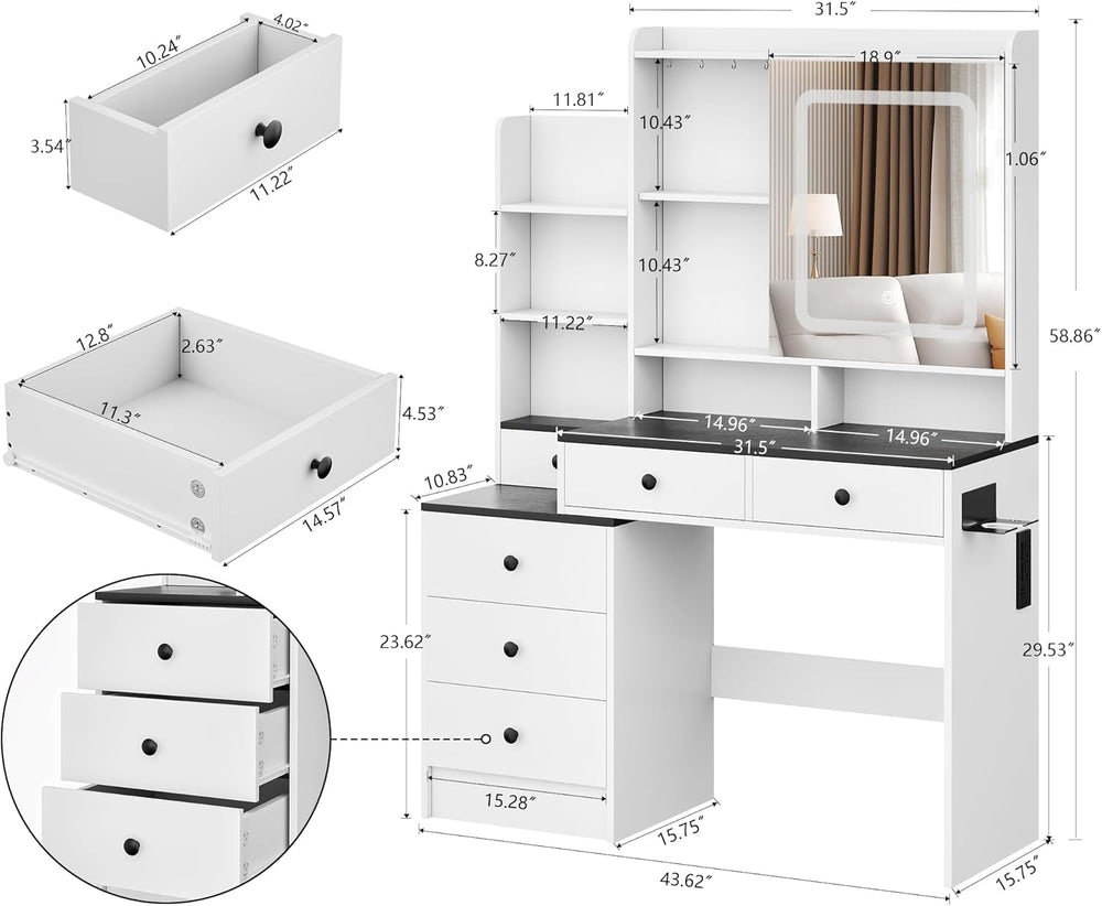 KAMABOKO Makeup Vanity Table with Adjustable LED Mirror & Charging Statio...