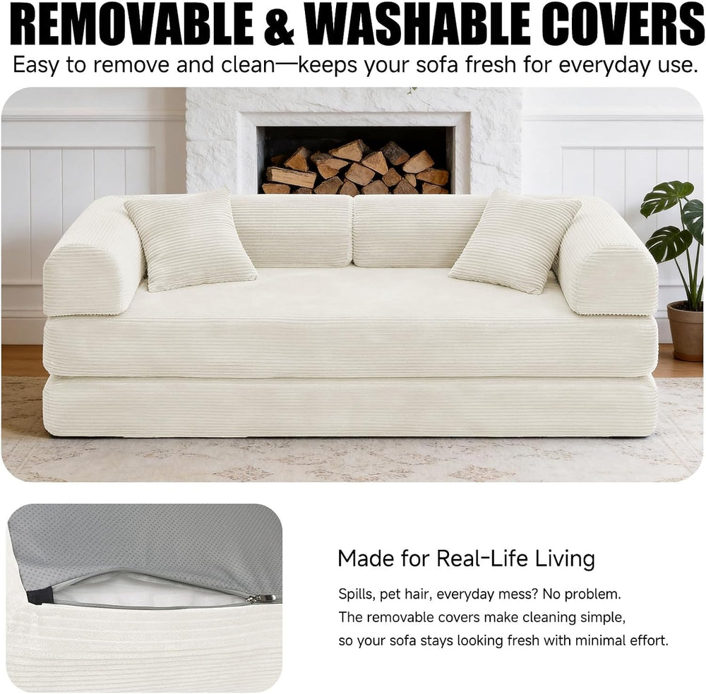 79" Corduroy Sofa Bed, Couch in a Box with 2 Pillows, High-Density Foam ...