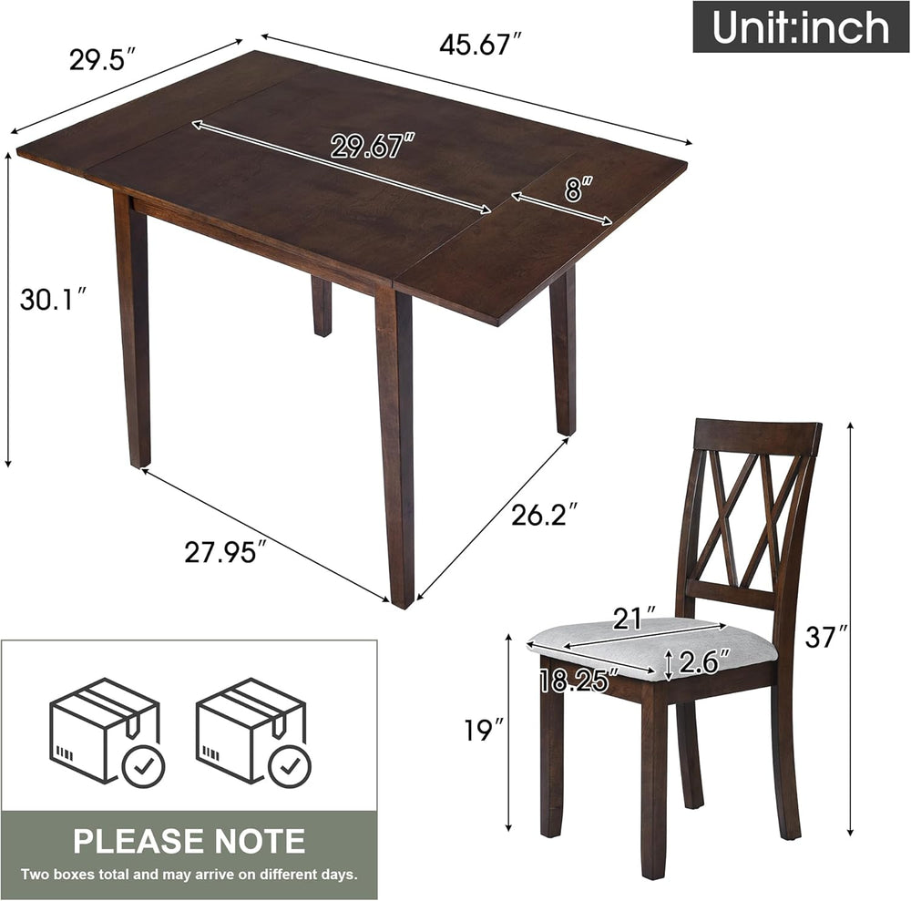 LUMISOL 3 Piece Drop Leaf Dining Table Set with 2 Chairs, Solid Wood Extensib...