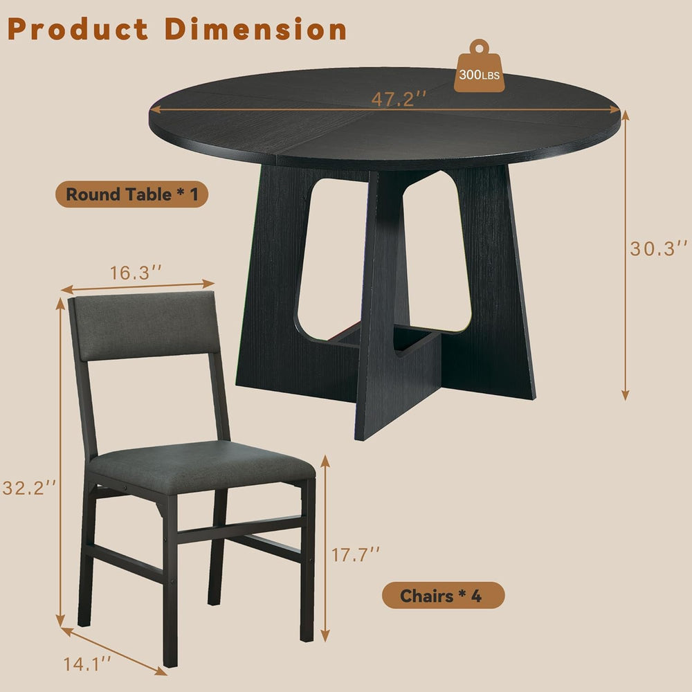 HUAHUU Round Dining Table Set for 4, 5-Piece Kitchen Table and Chairs for 4, ...