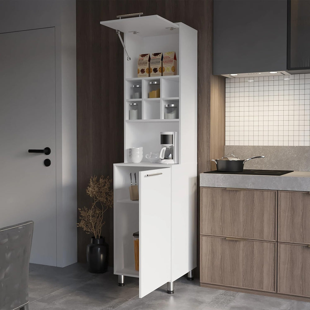 White Kitchen Pantry with Pneumatic Doors and Open Storage