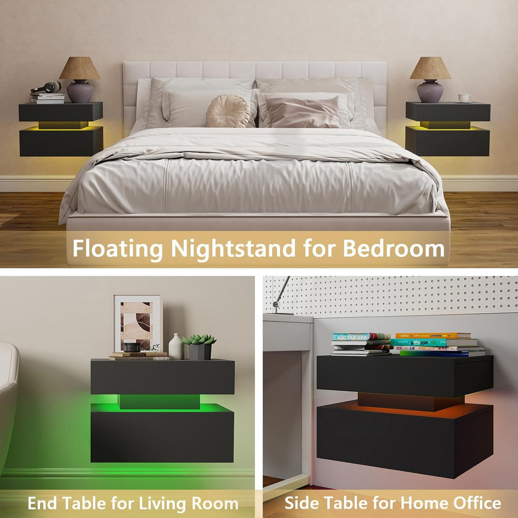 Vibe & Dine Floating Nightstand Set of 2, Wall Mounted Night Stand with Led Lights, Modern Bedside Tables with Drawers for Bedroom, Easy Assembly, Black
