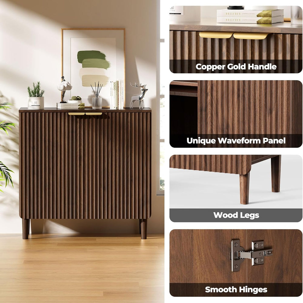 Sideboard Buffet Storage Cabinet - Wood Cabinets with Adjustable Shelves Flut...