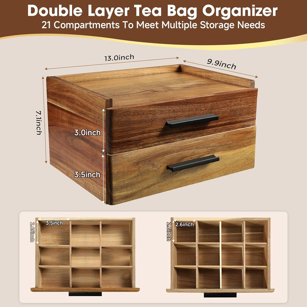 Acacia Wood Tea Bag Organizer with Gift Box, Double-Drawer Tea Box - Tea Accessories for Tea Organizer and Storage Box, Tea Station Chest Caddy for Countertop Cabinet Office(21-Compartment)