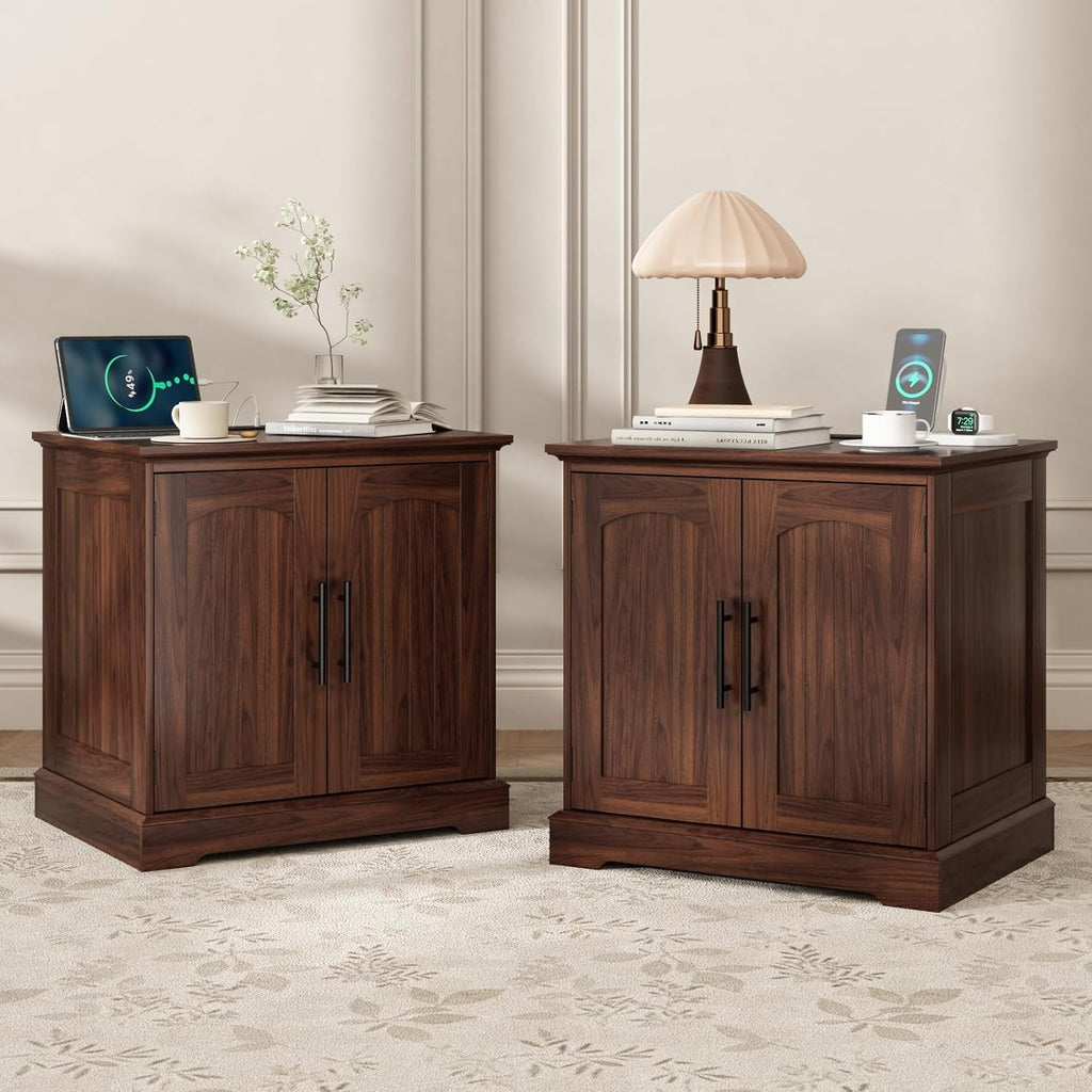 HOKYHOKY Rattan End Table with Charging Station, 24" Large Sofa Side Tabl | 2 Arched Doors, Boho Wood Square Nightstand, Bedside Tables with Adjustable Storage Shelf, Living Room, Bedroom